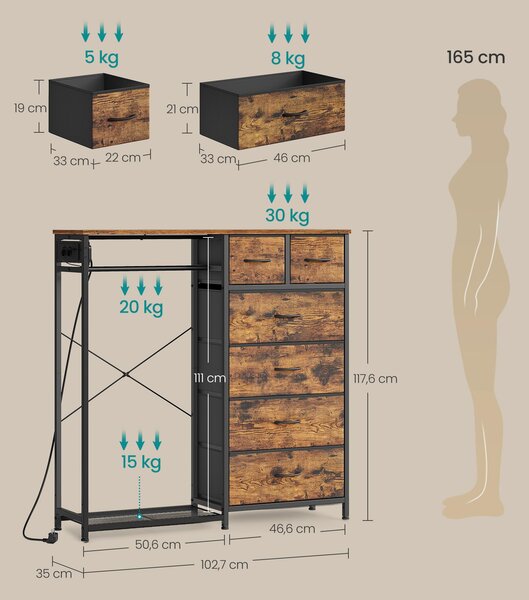 SONGMICS, stojan na oblečení se 6 zásuvkami, LED osvětlením, zásuvkami a úložným prostorem na boty, rozměry 102,7 x 35 x 117,6 cm, barva: hnědá