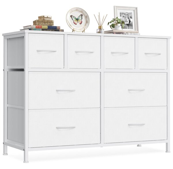 SONGMICS Komoda s 8 zásuvkami z látky, úložná skříň s kovovou konstrukcí, rozměry 98,7 x 30 x 74,7 cm, bílá barva