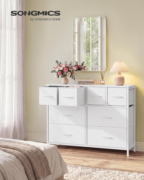 SONGMICS Komoda s 8 zásuvkami z látky, úložná skříň s kovovou konstrukcí, rozměry 98,7 x 30 x 74,7 cm, bílá barva