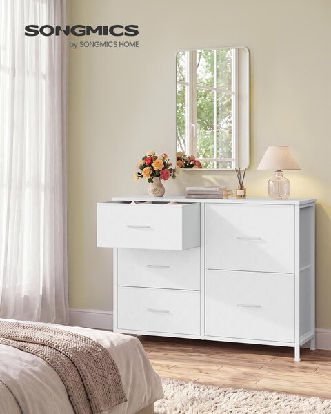 SONGMICS Komoda s 5 zásuvkami, komoda se zásuvkami s kovovou konstrukcí, rozměry 98,7 x 30 x 74,7 cm, bílá barva