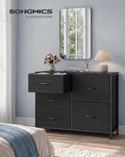 SONGMICS Komoda se 5 zásuvkami, komoda se kovovou konstrukcí, rozměry 98,7 x 30 x 74,7 cm, černá barva