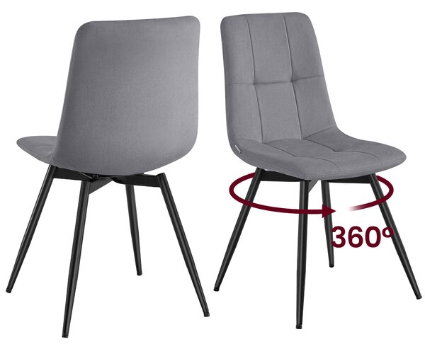 VASAGLE jídelní židle, set 2 kusů, otočné o 360°, ergonomická sametová židle, rozměry 43 x 52 x 83 cm, šedá barva