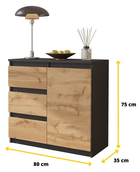 MIKEL - Komoda / příborník se 3 zásuvkami a 1 dvířky - antracitově šedá / dub Wotan V75cm Š80cm H35cm