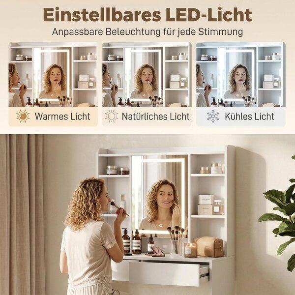 HOMCOM Kosmetický stolek se zrcadlem a LED osvětlením, 2 zásuvky, bílá barva