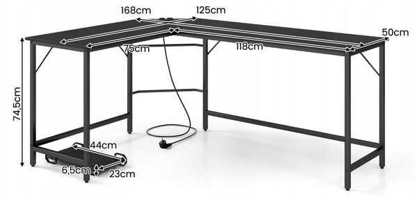 Rohový psací stůl Costway 168 x 125 x 74,5 cm černý