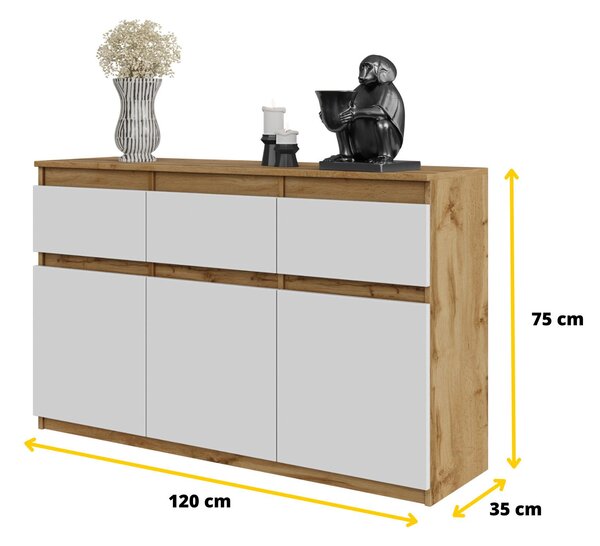 Komoda 120 Cm, Dub Wotan / Bílá Matná, 3 Zásuvky, 3 Dveře, 3 Police, Obývací Pokoj
