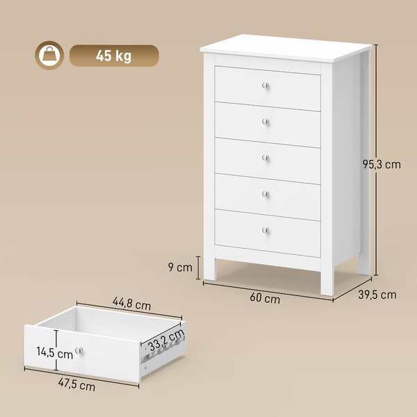 Komoda HOMCOM s 5 zásuvkami, vhodná do ložnice, rozměry 60 x 39,5 x 95,3 cm, bílá barva