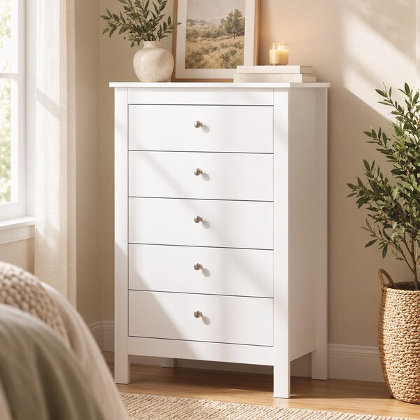Komoda HOMCOM s 5 zásuvkami, vhodná do ložnice, rozměry 60 x 39,5 x 95,3 cm, bílá barva