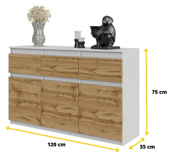 NOAH - Komoda / příborník se 3 zásuvkami a 3 dvířky - bílý mat / dub Wotan - výška 75 cm, šířka 120 cm, hloubka 35 cm