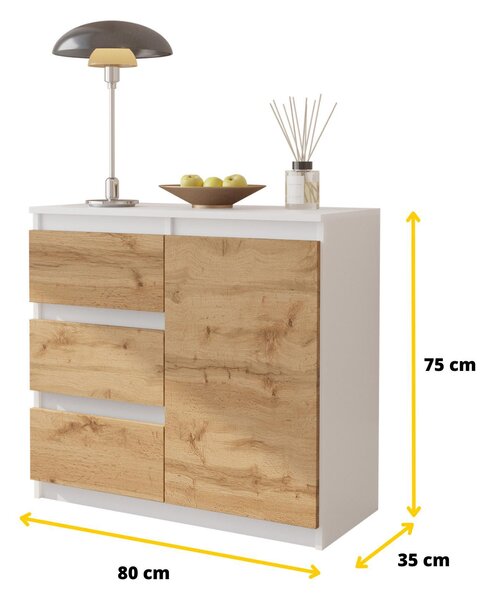 MIKEL – komoda / příborník se 3 zásuvkami a 1 dvířky – bílá matná / dub Wotan, výška 75 cm, šířka 80 cm, hloubka 35 cm