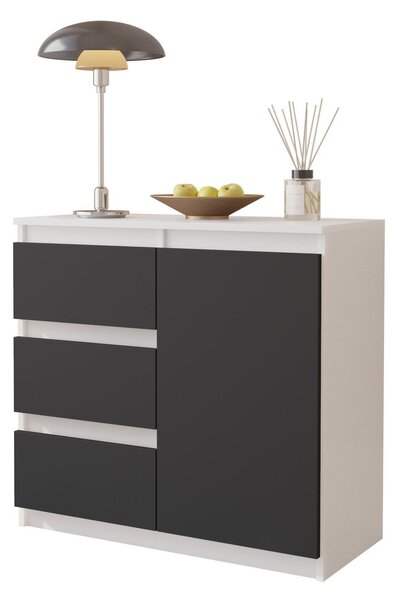MIKEL - Komoda / příborník se 3 zásuvkami a 1 dvířky - bílá matná / antracitově šedá V75cm Š80cm H35cm
