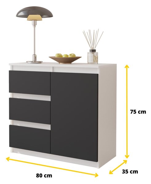 MIKEL - Komoda / příborník se 3 zásuvkami a 1 dvířky - bílá matná / antracitově šedá V75cm Š80cm H35cm