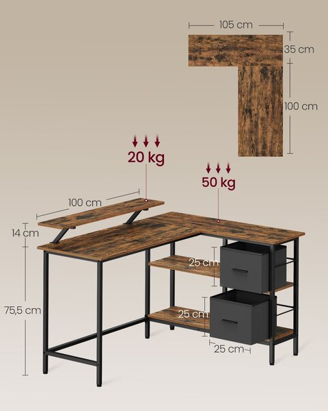 L-tvarovaný psací stůl se 2 prostornými zásuvkami, s nastavitelnou skladovací policí, 105x135x89,5 cm, rustikální hnědý