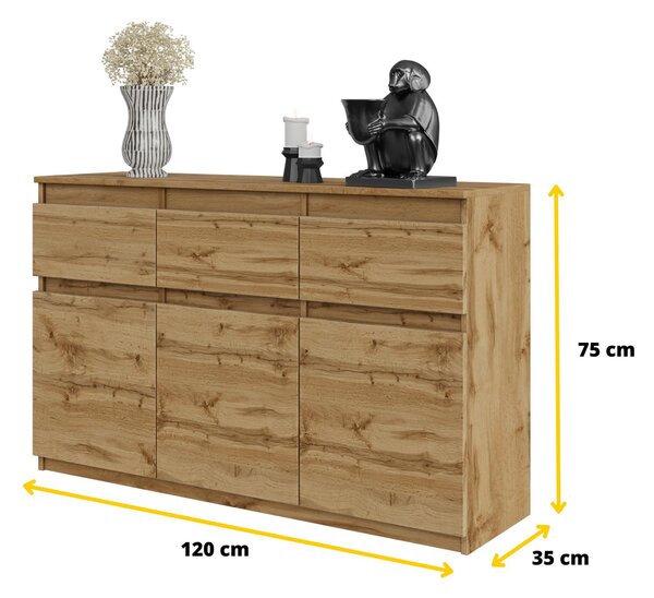 NOAH - Komoda / příborník se 3 zásuvkami a 3 dvířky - dub Wotan - výška 75 cm, šířka 120 cm, hloubka 35 cm
