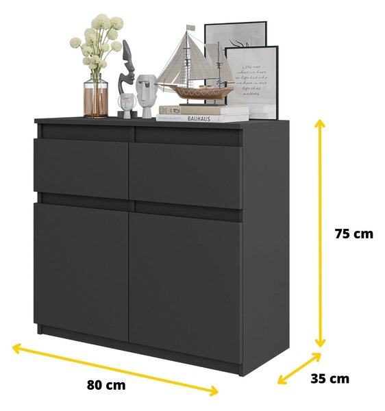 Komoda 80 cm, antracitová, 2 zásuvky, 2 dvířka, 2 police, do obývacího pokoje