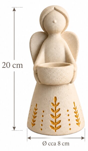 Ručně vyráběný andělíček se zlatým obilím a kalíškem na svíčku; výška 20 cm