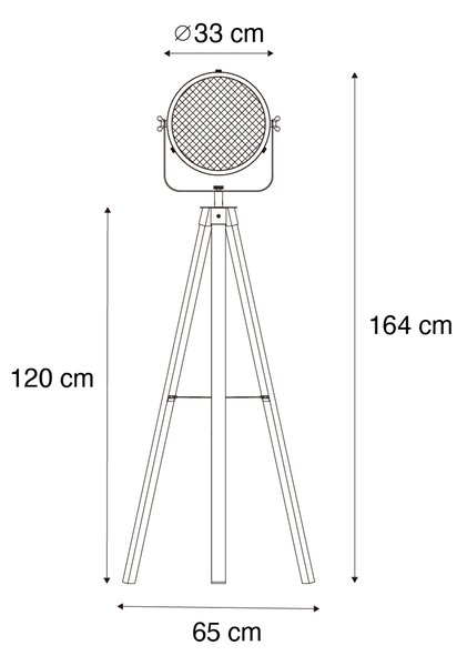 Průmyslová stojací lampa trojnožka ocel s dřevěným skloněným stínítkem - Emado