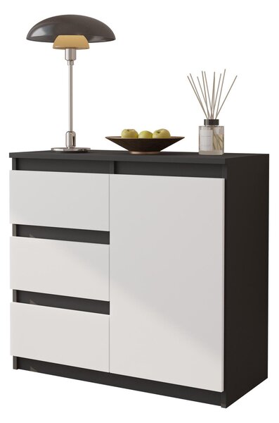 MIKEL - Komoda / příborník se 3 zásuvkami a 1 dvířky - antracitově šedá / bílá matná V75cm Š80cm H35cm