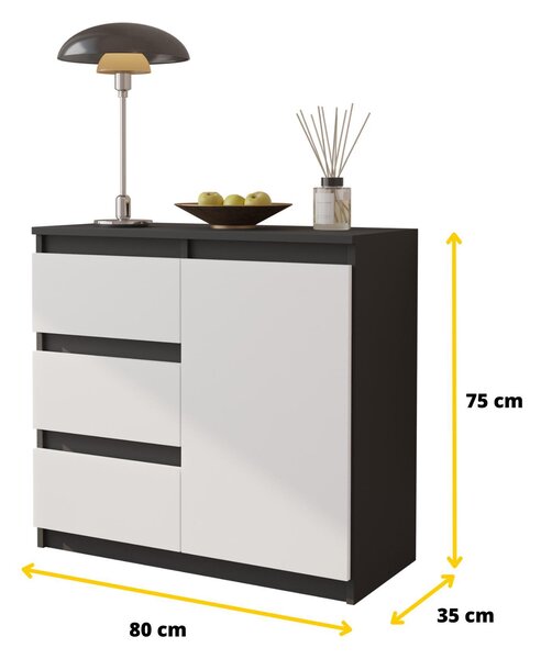 MIKEL - Komoda / příborník se 3 zásuvkami a 1 dvířky - antracitově šedá / bílá matná V75cm Š80cm H35cm