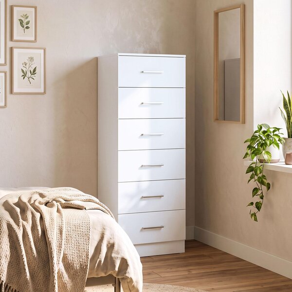 Komoda HOMCOM se 6 zásuvkami, rozměry 40 x 40 x 110 cm, bílá barva s dekorativním vzorem dřeva