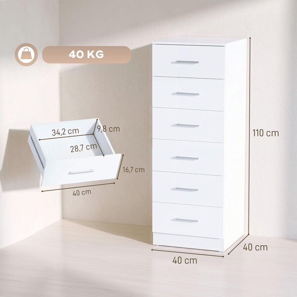 Komoda HOMCOM se 6 zásuvkami, rozměry 40 x 40 x 110 cm, bílá barva s dekorativním vzorem dřeva
