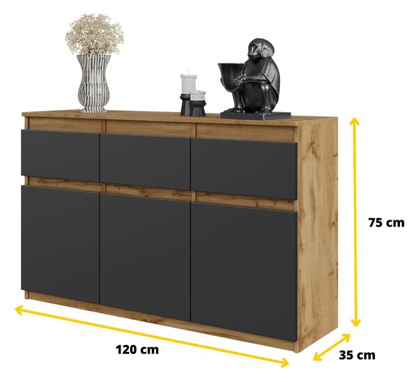 NOAH - Komoda / příborník se 3 zásuvkami a 3 dvířky - dub Wotan / antracit - výška 75 cm, šířka 120 cm, hloubka 35 cm