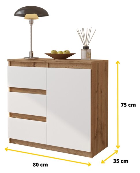 Komoda 80 cm, dub Wotan / matná bílá, 3 zásuvky, 1 dvířka, 1 police, obývací pokoj