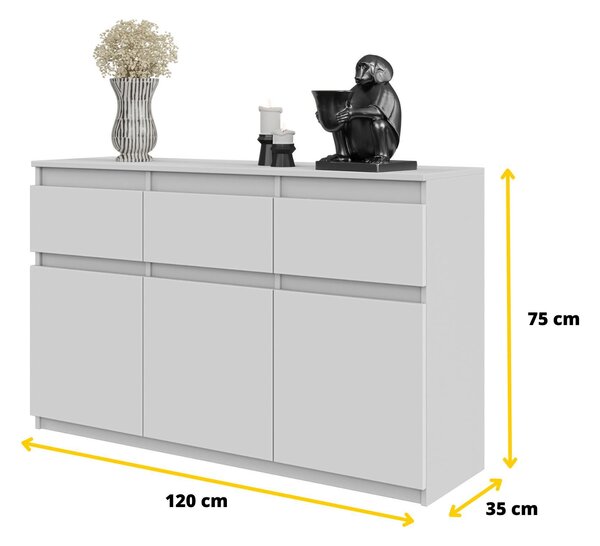 NOAH - Komoda / příborník se 3 zásuvkami a 3 dvířky - bílá matná - výška 75 cm, šířka 120 cm, hloubka 35 cm