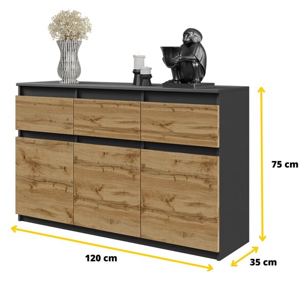 NOAH - Komoda / příborník se 3 zásuvkami a 3 dvířky - antracitově šedá / dub Wotan V75cm Š120cm H35cm