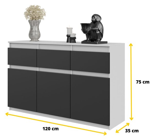 NOAH - Komoda / příborník se 3 zásuvkami a 3 dvířky - bílá matná / antracitová - výška 75 cm, šířka 120 cm, hloubka 35 cm