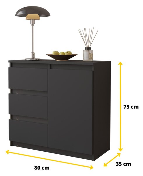 MIKEL - Komoda / příborník se 3 zásuvkami a 1 dvířky - antracitově šedá V75cm Š80cm H35cm