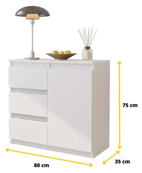MIKEL - Komoda / příborník se 3 zásuvkami a 1 dvířky - bílá matná V75cm Š80cm H35cm