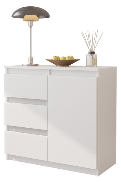 MIKEL - Komoda / příborník se 3 zásuvkami a 1 dvířky - bílá matná V75cm Š80cm H35cm