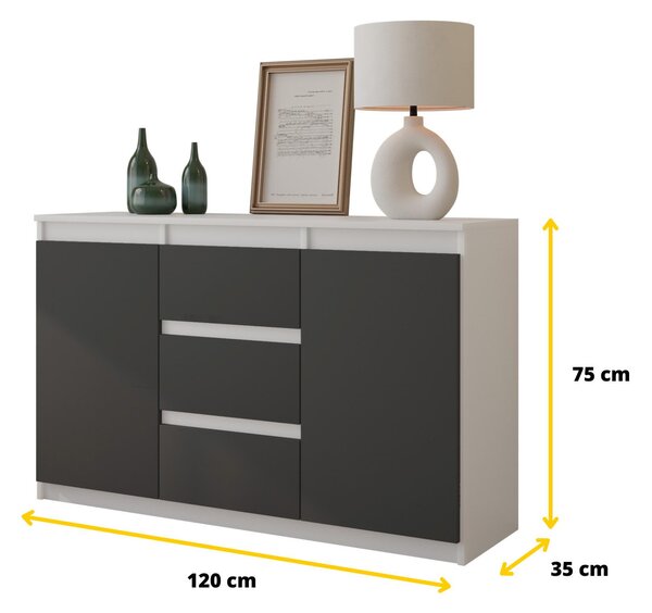 Komoda 120 cm, matná bílá / antracitová, 3 zásuvky, 2 dvířka, 2 police, obývací pokoj