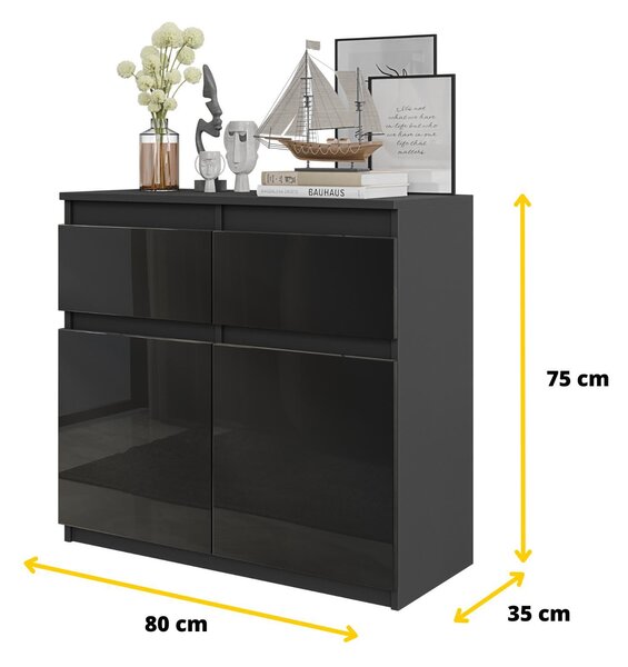 Komoda Noah – antracitová / černá lesklá, 2 zásuvky, 2 dvířka, 2 police, 80 cm – příborník do obývacího pokoje