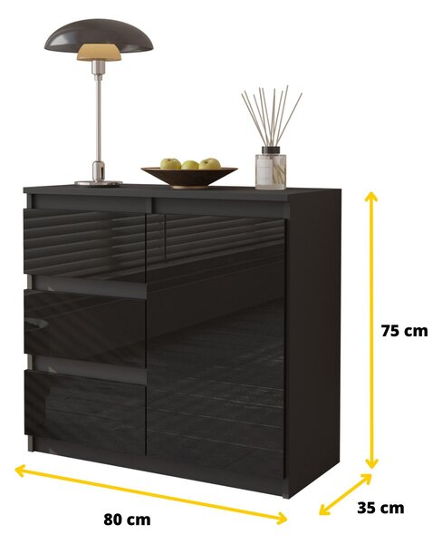Komoda 80 cm, antracitová / černá s lesklým povrchem, 3 zásuvky, 1 dvířka, 1 police, do obývacího pokoje