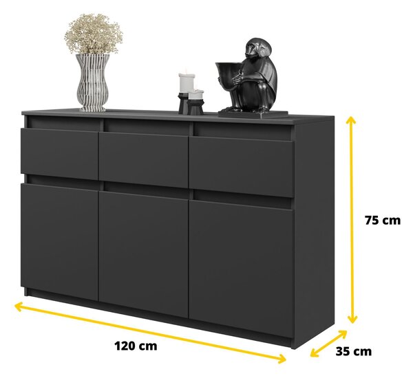 NOAH - Komoda / příborník se 3 zásuvkami a 3 dvířky - antracitově šedá V75cm Š120cm D35cm