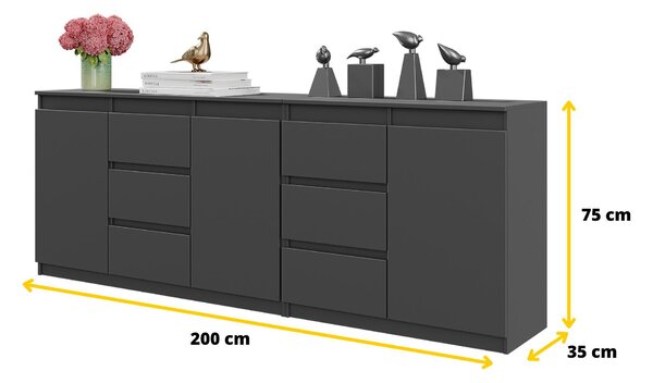 Sada dvou komod MIKEL - antracitový mat, 6 zásuvek, 3 dvířka - moderní příborník komoda 200 cm do ložnice a obývacího pokoje