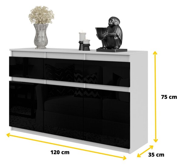 NOAH - Komoda / příborník se 3 zásuvkami a 3 dvířky - bílá matná / černý vysoký lesk - výška 75 cm, šířka 120 cm, hloubka 35 cm