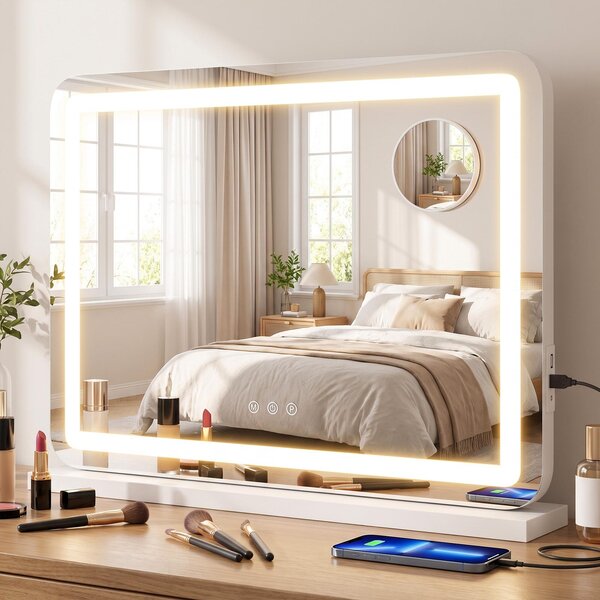 Kosmetické zrcadlo COSTWAY s osvětlením, make-up zrcadlo o rozměrech 58x43 cm s 3 režimy osvětlení, 10x zvětšením a dotykovým spínačem, zrcadlo ve stylu Hollywoodu s USB a Type-C porty
