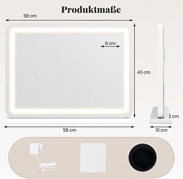 Kosmetické zrcadlo COSTWAY s osvětlením, make-up zrcadlo o rozměrech 58x43 cm s 3 režimy osvětlení, 10x zvětšením a dotykovým spínačem, zrcadlo ve stylu Hollywoodu s USB a Type-C porty