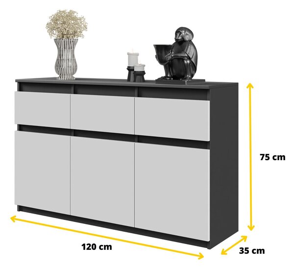 NOAH - Komoda / příborník se 3 zásuvkami a 3 dvířky - antracitově šedá / bílá matná V75cm Š120cm D35cm