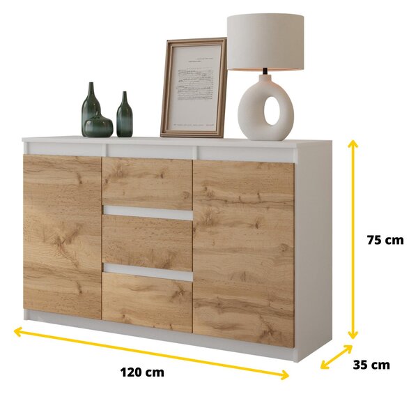 Komoda 120 cm, matná bílá / dub Wotan, 3 zásuvky, 2 dvířka, 2 police, obývací pokoj