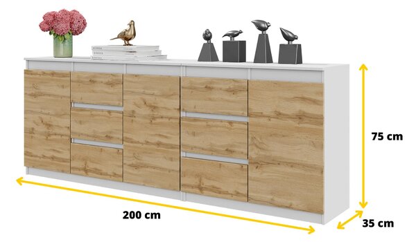 KOMODA 200 cm – BÍLÁ MATNÁ / DUB WOTAN, 6 ŠKŘÍŇEK, 3 DVEŘE, 3 POLIČKY, SET DVECH KOMOD, OBÝVACÍ POKOJ