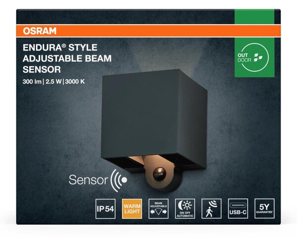LEDVANCE venkovní nástěnné svítidlo Endura Style Adjustable Beam Sensor 2,5 W 3000 K PIR USB