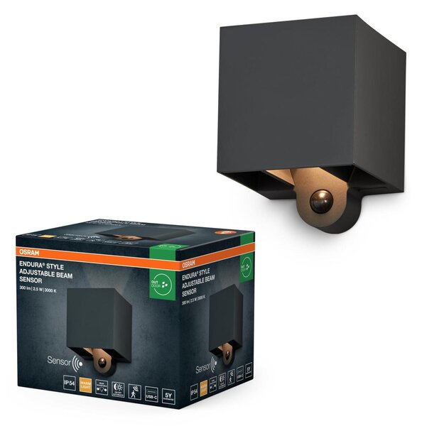 LEDVANCE venkovní nástěnné svítidlo Endura Style Adjustable Beam Sensor 2,5 W 3000 K PIR USB