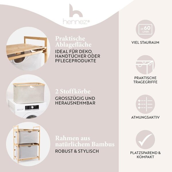 Hennez Bambusová komoda do koupelny, 84,5 cm, 57x34 cm, úložná skříň Hennez, bambusový design, světle šedá barva – pro uskladnění a úložný prostor pro domácí potřeby