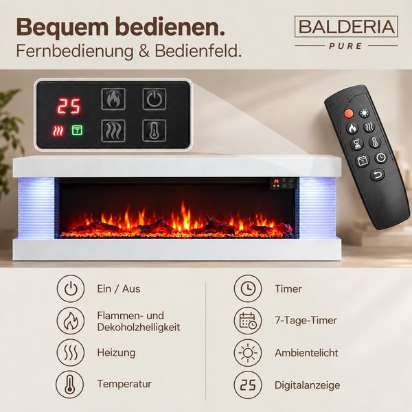 Elektrický nástěnný krb BALDERIA Lumina – topný výkon až 1800 W, 3D efekt plamenů, bílý