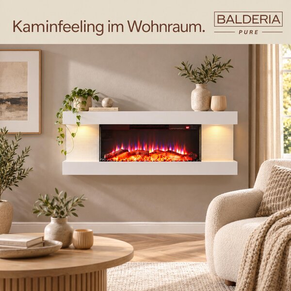 Elektrický nástěnný krb BALDERIA Lumina – topný výkon až 1800 W, 3D efekt plamenů, bílý