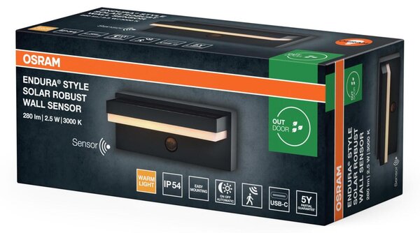 LEDVANCE venkovní solární nástěnné svítidlo Endura Style Robust Sensor 2,5 W 3000 K PIR senzor USB